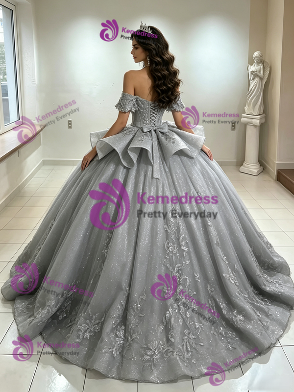 Gray Tulle Off the Shoulder Appliques Quinceanera Dress