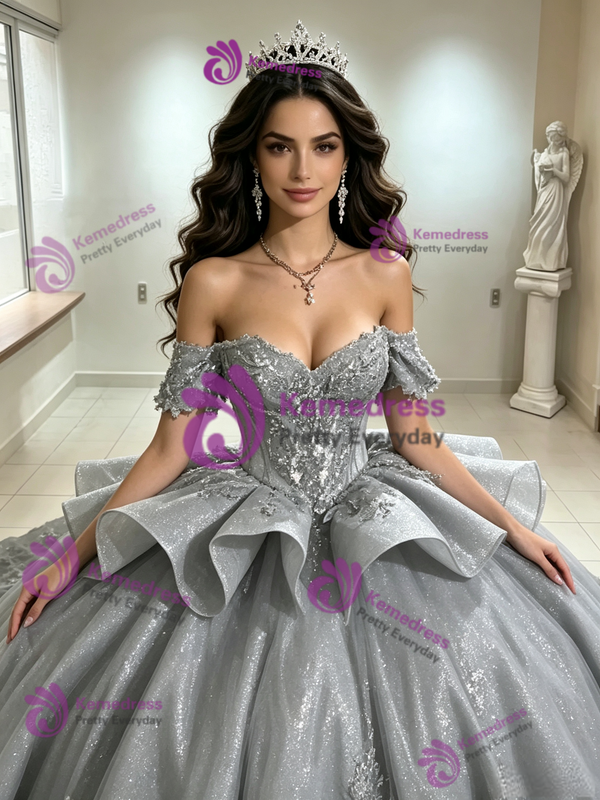 Gray Tulle Off the Shoulder Appliques Quinceanera Dress