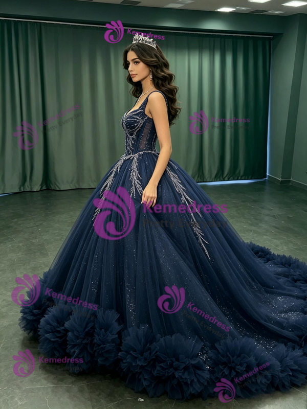 Navy Blue Tulle Straps Sequins Quinceanera Dress