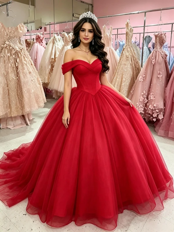 Red Tulle Off the Shoulder Quinceanera Dress