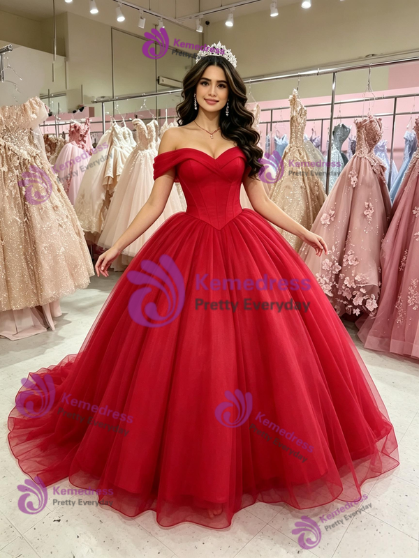 Red Tulle Off the Shoulder Quinceanera Dress