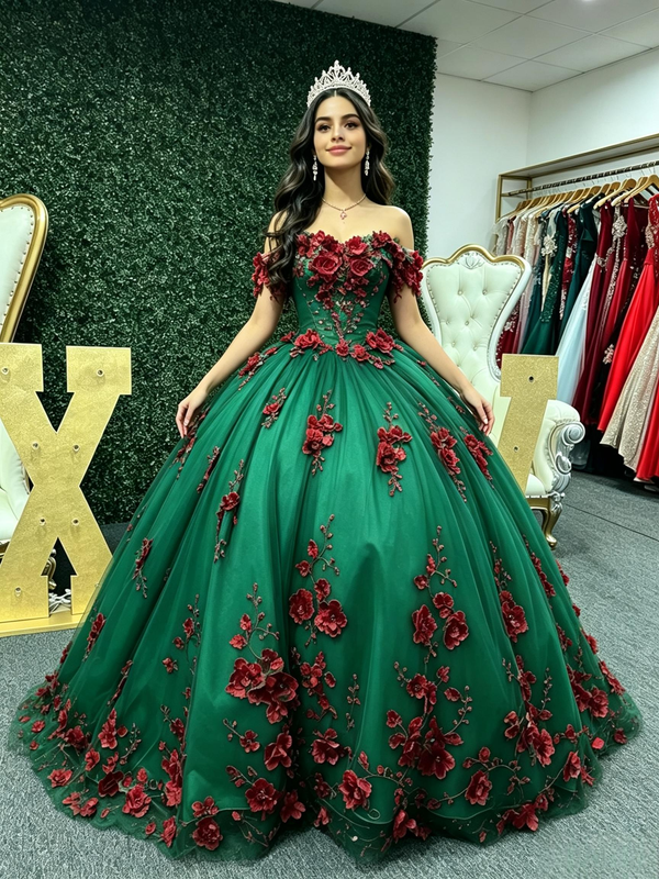 Green Tulle Appliques Quinceanera Dress