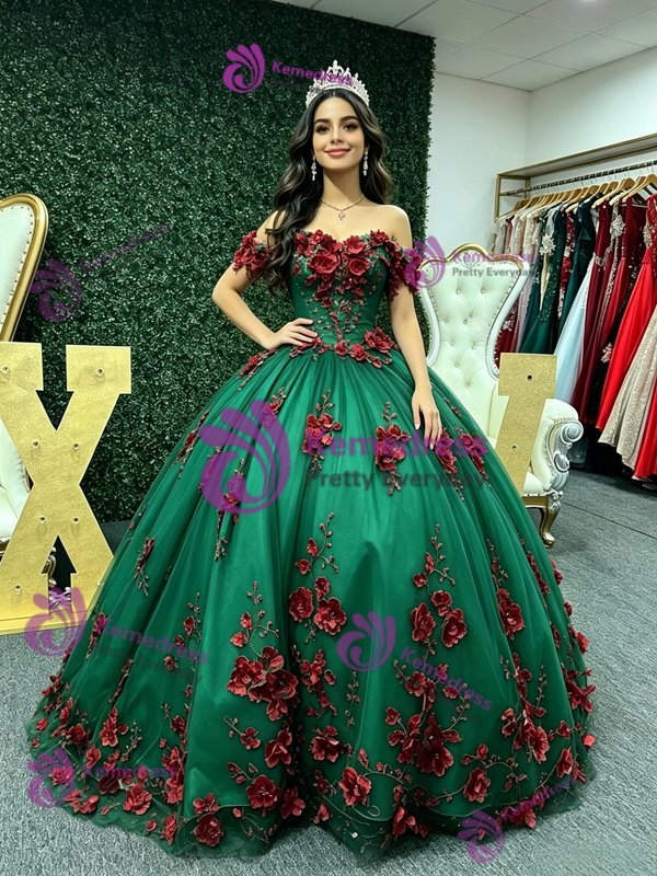 Green Tulle Appliques Quinceanera Dress