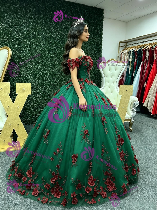 Green Tulle Appliques Quinceanera Dress