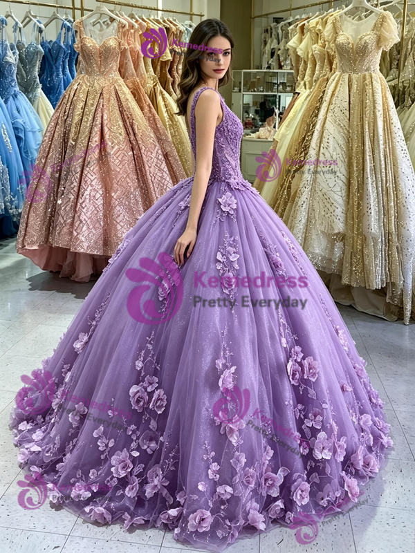 Purple Tulle V-neck Appliques Quinceanera Dress