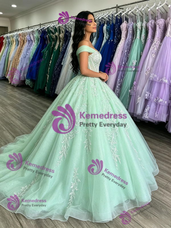 Green Tulle Off the Shoulder Appliques Quinceanera Dress