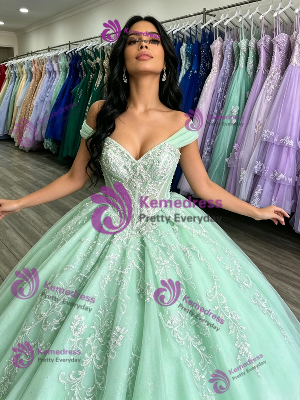 Green Tulle Off the Shoulder Appliques Quinceanera Dress
