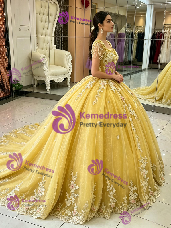 Yellow Tulle Appliques Quinceanera Dress