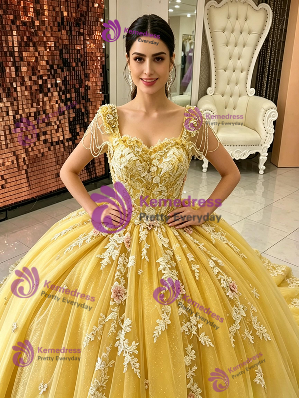 Yellow Tulle Appliques Quinceanera Dress