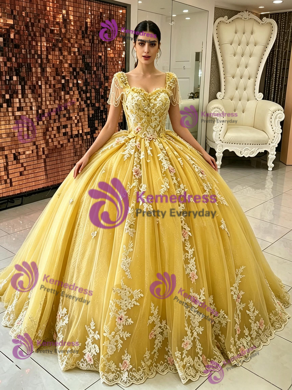 Yellow Tulle Appliques Quinceanera Dress