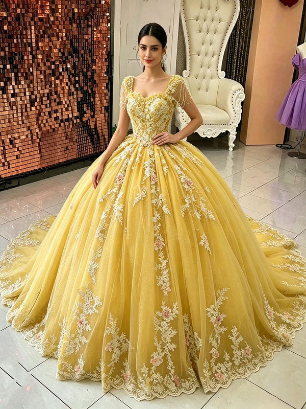 Yellow Tulle Appliques Quinceanera Dress