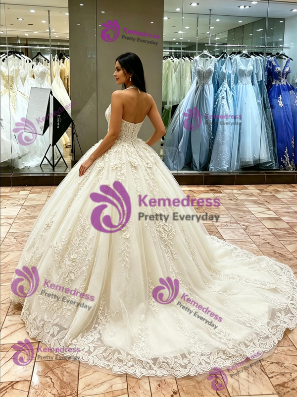 Apricot Tulle Halter Appliques Quinceanera Dress