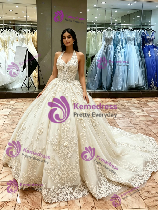 Apricot Tulle Halter Appliques Quinceanera Dress