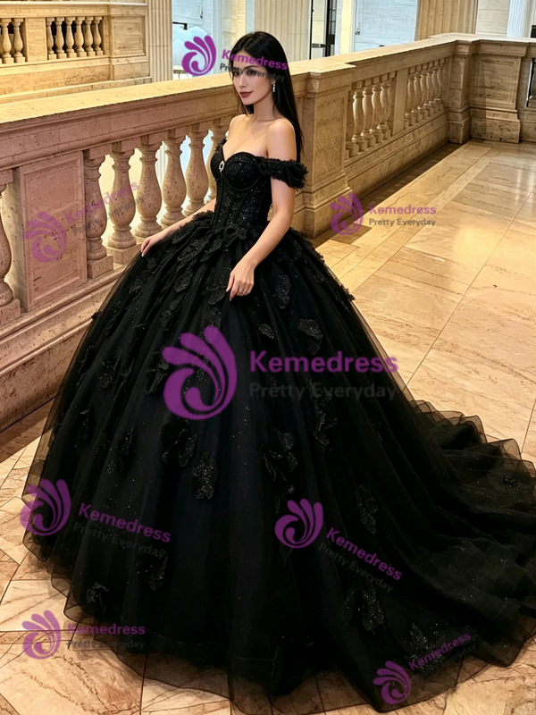 Blakc Tulle Off he Shoulder Quinceanera Dress