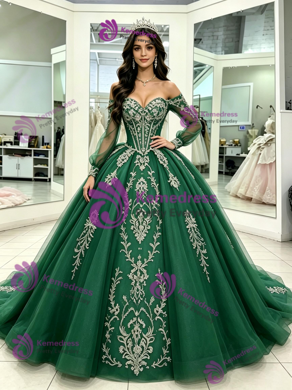 Green Tulle Long Sleeve Appliques Quinceanera Dress