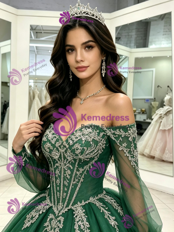 Green Tulle Long Sleeve Appliques Quinceanera Dress
