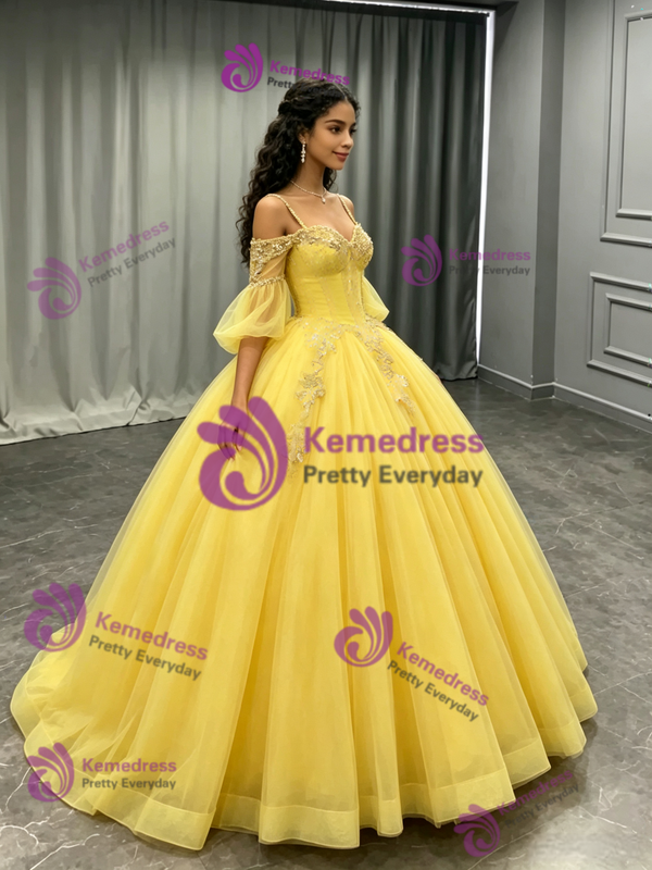 Yellow Tulle Straps Puff Sleeve Appliques Quinceanera Dress