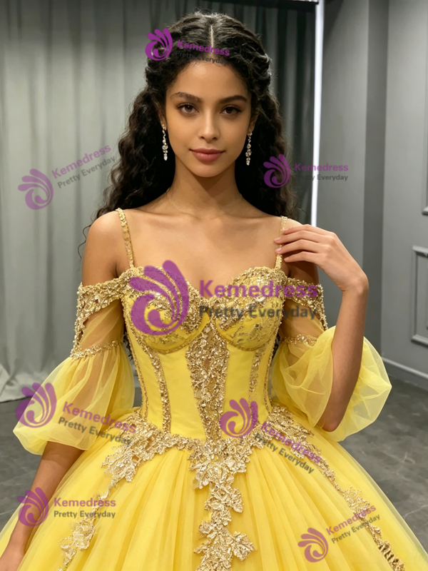 Yellow Tulle Straps Puff Sleeve Appliques Quinceanera Dress