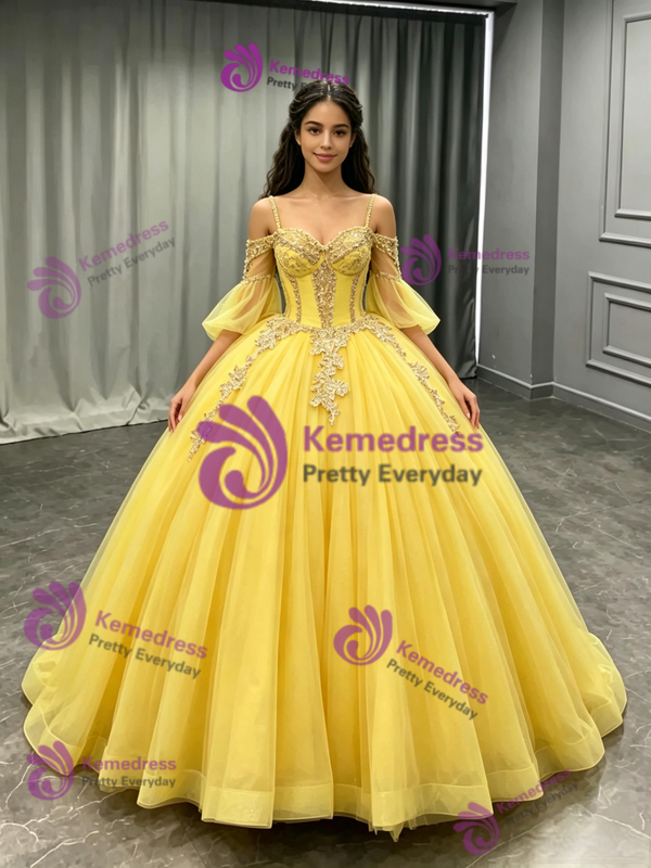 Yellow Tulle Straps Puff Sleeve Appliques Quinceanera Dress