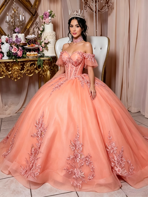 Oragne Tulle Off the Shoulder Appliques Quinceanera Dress