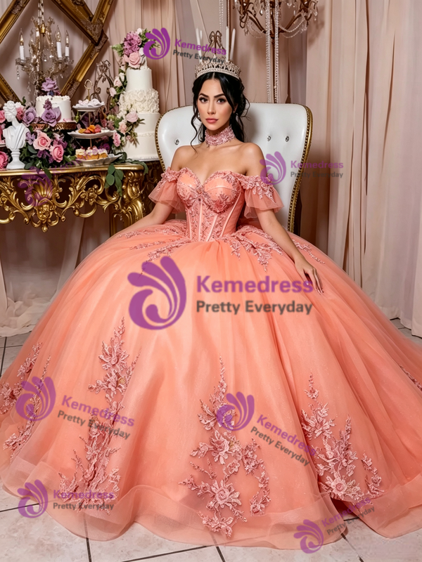 Oragne Tulle Off the Shoulder Appliques Quinceanera Dress