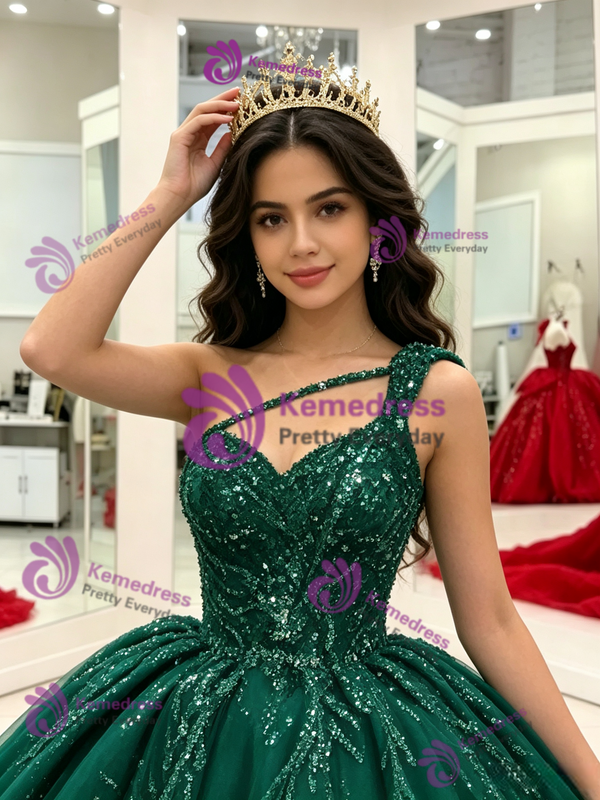 Green Tulle One Shoulder Quinceanera Dress