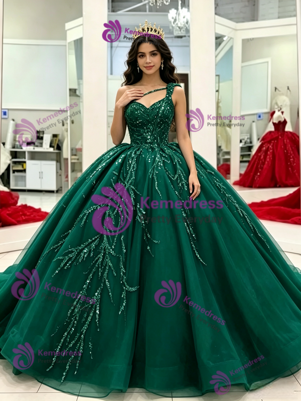 Green Tulle One Shoulder Quinceanera Dress
