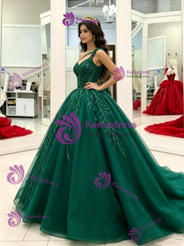 Green Tulle One Shoulder Quinceanera Dress