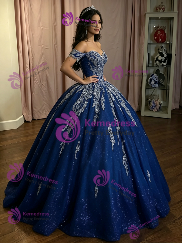 Navy Blue Tulle Appliques Quinceanera Dress