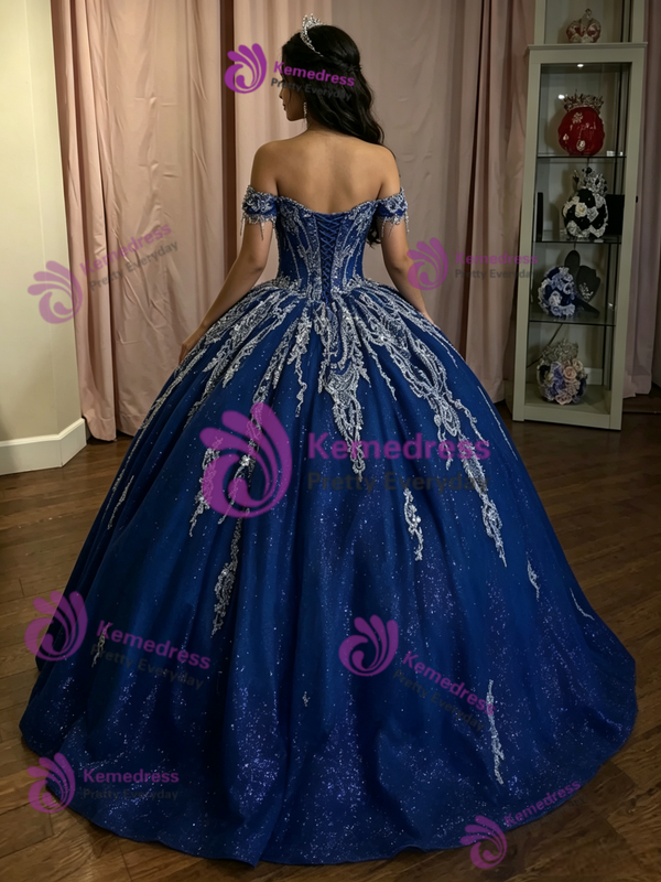 Navy Blue Tulle Appliques Quinceanera Dress