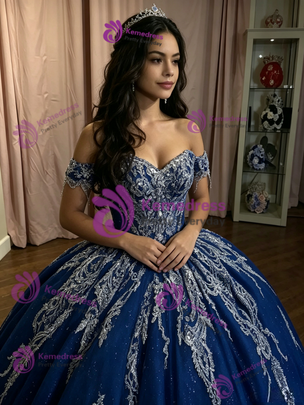 Navy Blue Tulle Appliques Quinceanera Dress