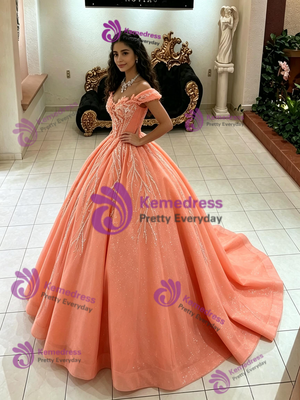 Orange Tulle Off the Shoulder Quinceanera Dress