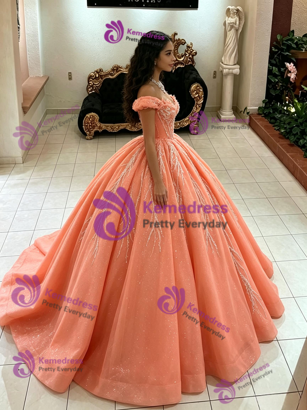 Orange Tulle Off the Shoulder Quinceanera Dress