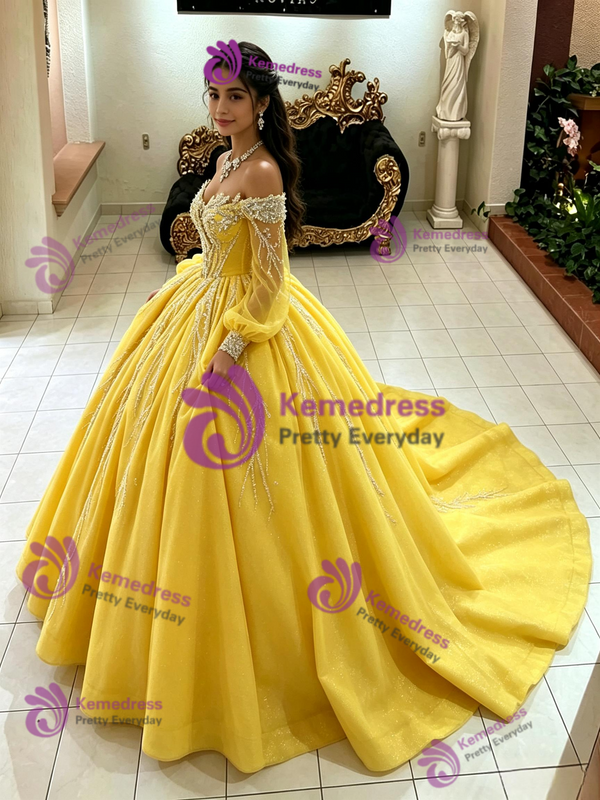 Yellow Tulle Long Sleeve Sequins Quinceanera Dress