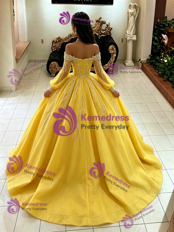 Yellow Tulle Long Sleeve Sequins Quinceanera Dress