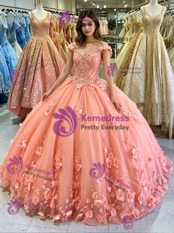 Orange Tulle Off the Shoulder Appliques Quinceanera Dress