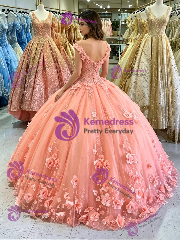 Orange Tulle Off the Shoulder Appliques Quinceanera Dress