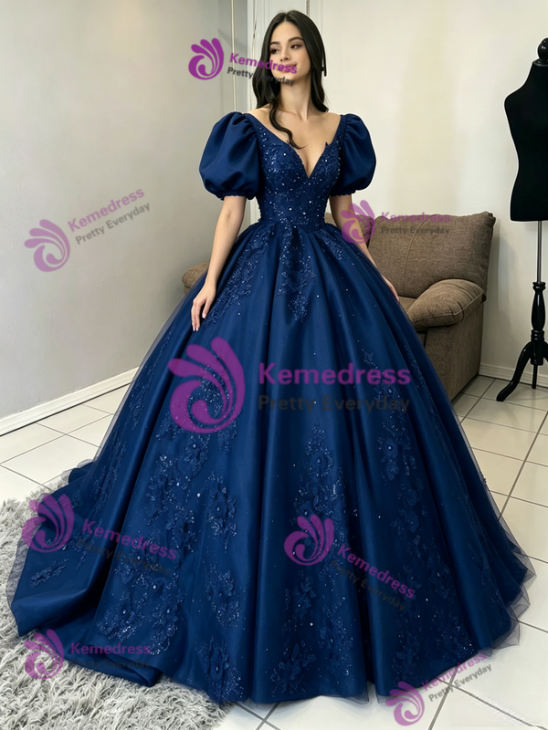 Navy Blue V-neck Puff Sleeve Quinceanera Dress
