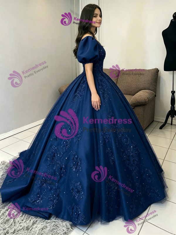 Navy Blue V-neck Puff Sleeve Quinceanera Dress
