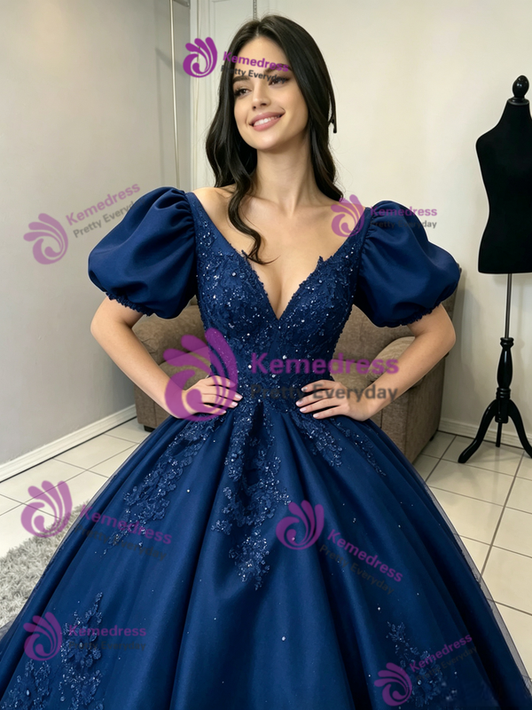 Navy Blue V-neck Puff Sleeve Quinceanera Dress