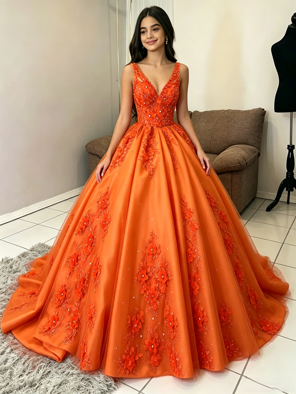 Oragne Tulle V-neck Appliques Quinceanera Dress