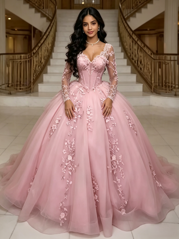 Pink Tulle Long Sleeve Appliques Quinceanera Dress