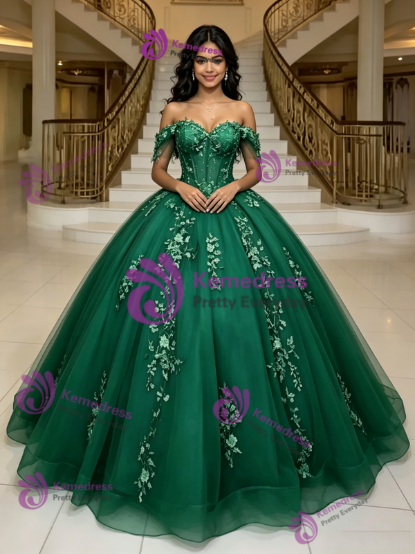 Green Tulle Off the Shoulder Appliques Quinceanera Dress