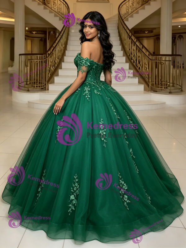 Green Tulle Off the Shoulder Appliques Quinceanera Dress
