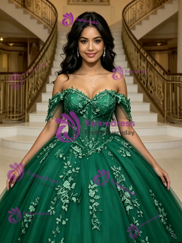 Green Tulle Off the Shoulder Appliques Quinceanera Dress