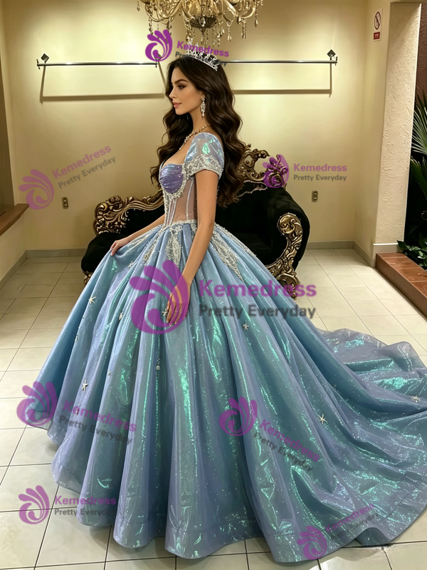 Blue Square Neck Puff Sleeve Quinceanera Dress