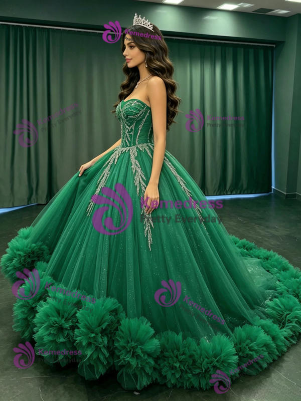 Green Tulle Strapless Appliques Quinceanera Dress