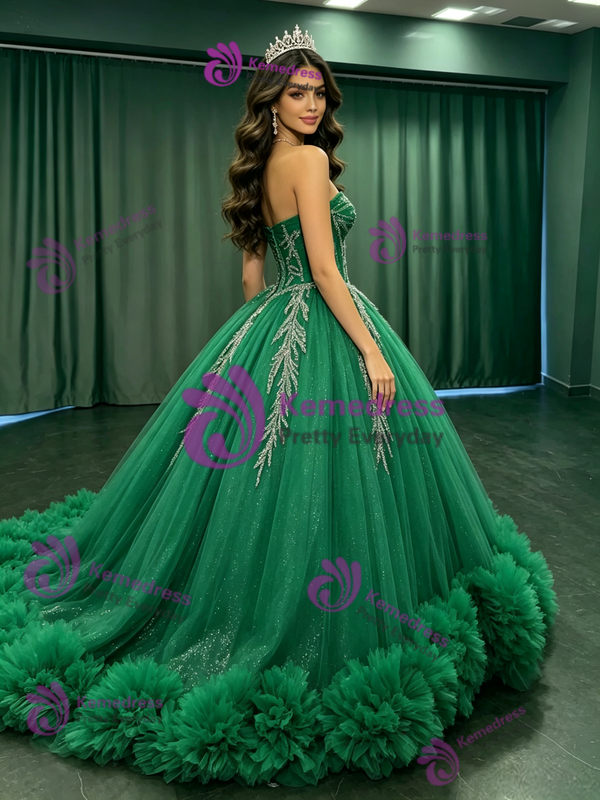 Green Tulle Strapless Appliques Quinceanera Dress