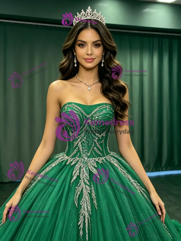 Green Tulle Strapless Appliques Quinceanera Dress