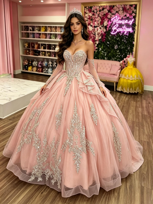 Pink Tulle  Long Sleeve Appliques Quinceanera Dress
